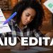 Mulher escrevendo em caderno com folhas de prova e caneta ilustrada ao redor