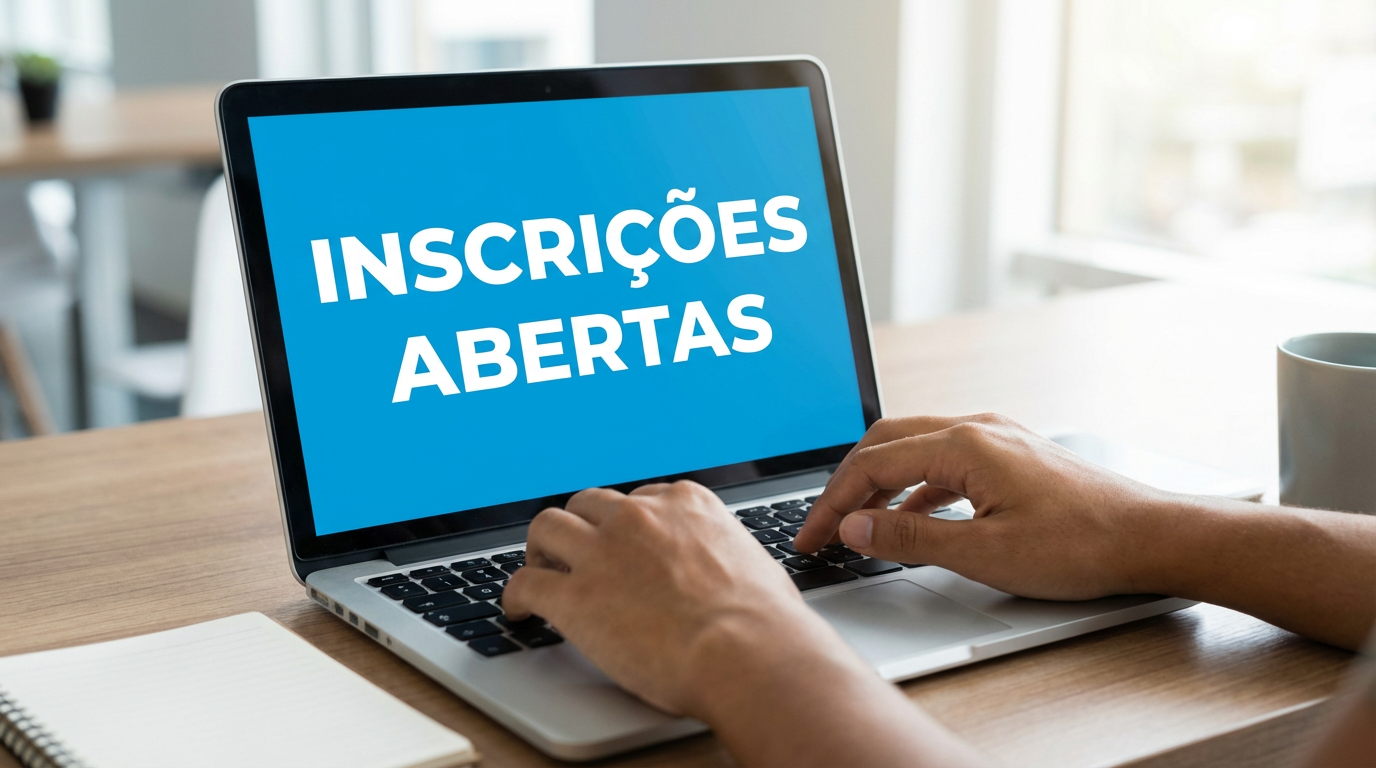 Mãos digitando em notebook com tela exibindo texto inscrições abertas