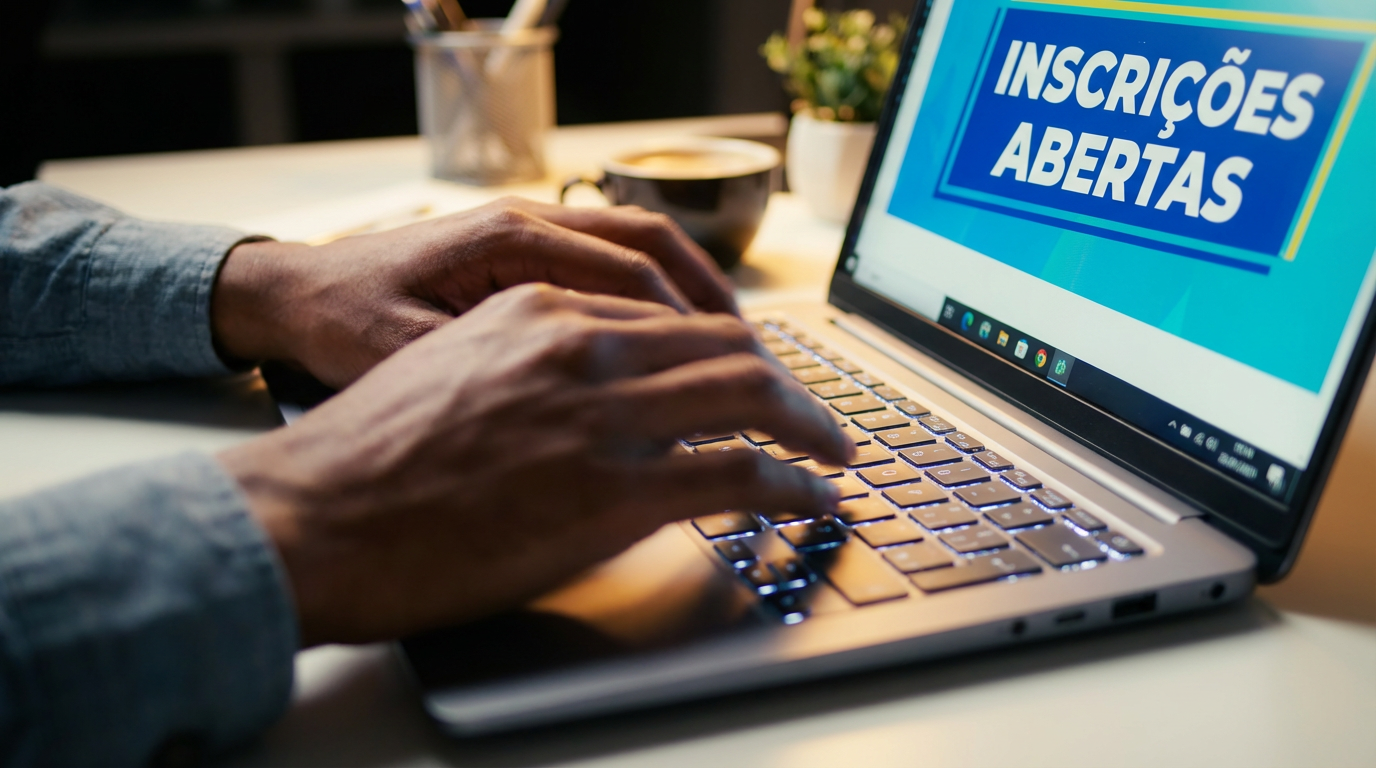 Pessoa digitando em notebook com tela exibindo aviso de inscrições abertas