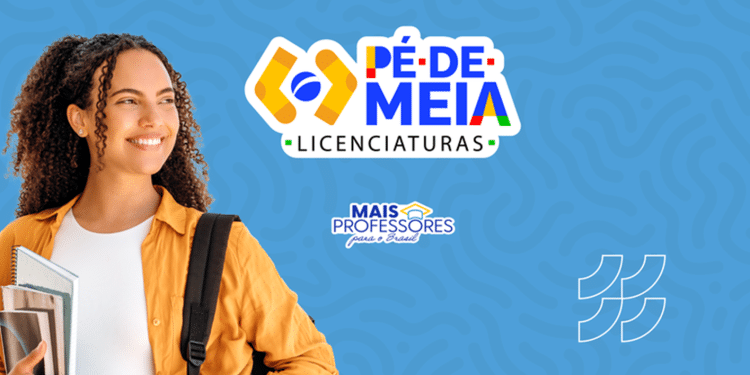 Estudante com mochila e cadernos ao lado do logotipo Pé-de-Meia Licenciaturas — resultado pelo CPF