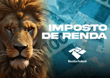 Imagem ilustrativa do Imposto de Renda com leão símbolo da Receita Federal sobre fundo com notas de real.