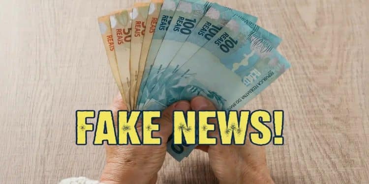 Imagem ilustrativa com notas de real e a expressão fake news, em referência aos boatos sobre o 13º salário do INSS em 2026, como o falso 14º salário e o abono que não existe para quem recebe BPC
