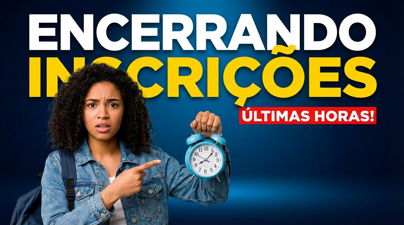 Jovem com expressão séria aponta para despertador azul ao lado de texto sobre fim das inscrições