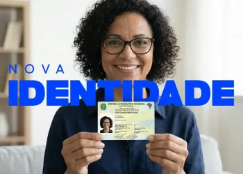 Mulher sorrindo segurando a nova Carteira de Identidade Nacional do Brasil.