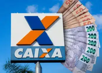 Logo da CAIXA e cédulas de R$ 50 e R$ 200, representando o pagamento do Bolsa Família de R$ 1.050, programado para segunda-feira (23).