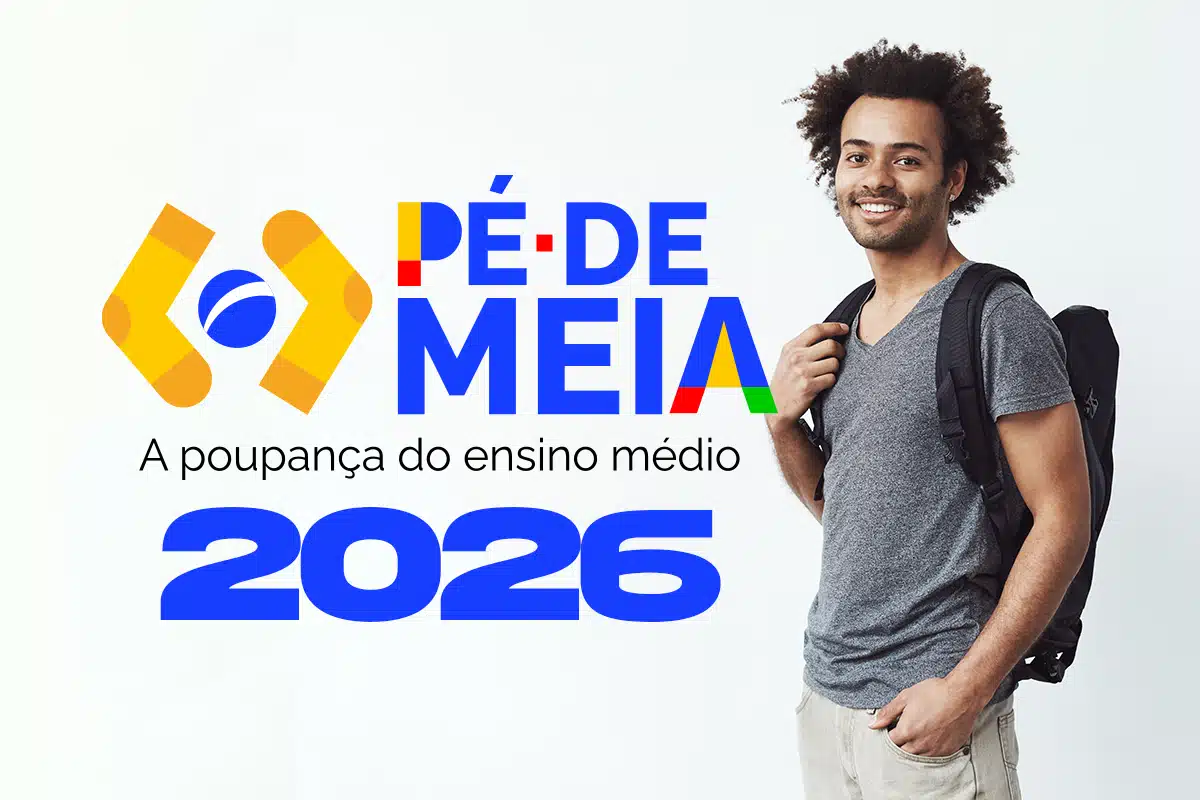 Jovem estudante sorridente com mochila ao lado do logotipo oficial do programa Pé-de-Meia 2026