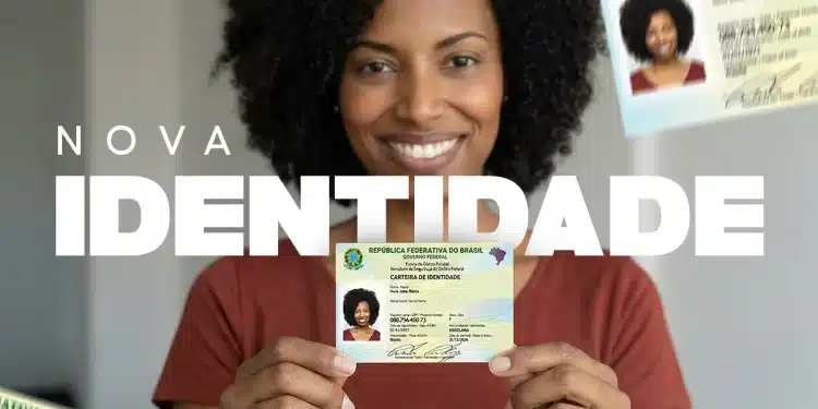 Mulher segurando a nova Carteira de Identidade Nacional com outros documentos de identidade ao fundo