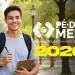 Jovem estudante com mochila sorrindo ao ar livre, ao lado do texto 'Pé-de-Meia: A poupança do ensino médio 2026'