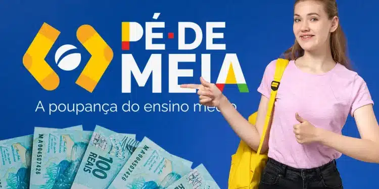 Estudante ao lado do logo do programa Pé-de-Meia, benefício para alunos do ensino médio.