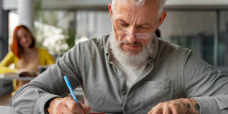 Homem de cabelos grisalhos e óculos estudando concentrado com caneta azul e caderno aberto em sala de aula representando a preparação para concursos após os 40 anos
