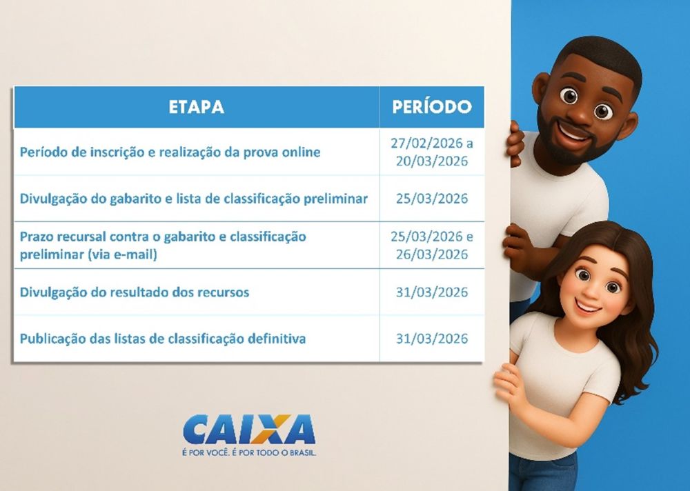 Tabela com o cronograma do processo seletivo da CAIXA 2026, listando etapas como período de inscrição e prova online de 27/02 a 20/03, divulgação de gabarito em 25/03 e lista definitiva em 31/03, ao lado de ilustrações de dois jovens sorridentes.
