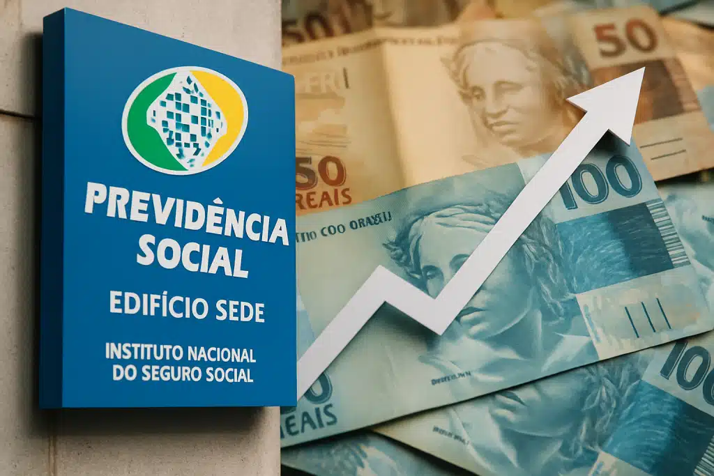 Placa do edifício sede do INSS — Instituto Nacional do Seguro Social — com seta ascendente e cédulas de reais ao fundo representando quem tem direito ao abono do INSS em 2026