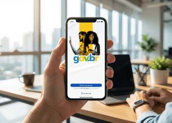 Mão segura celular mostrando tela inicial do app gov.br em escritório iluminado