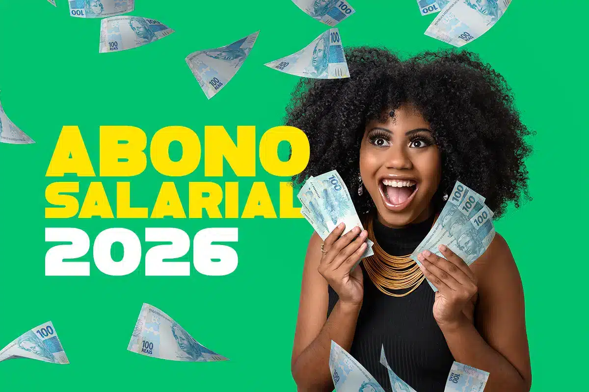 Mulher segurando notas de cem reais com destaque para o pagamento do abono salarial PIS/Pasep 2026.