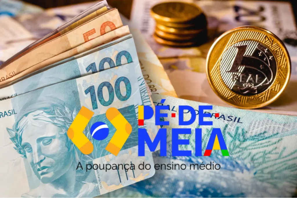 Notas de dinheiro e moedas ao lado do logo do Pé-de-Meia, representando os valores dos pagamentos do programa.