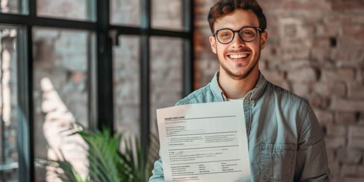 Homem sorrindo ao segurar seu currículo.