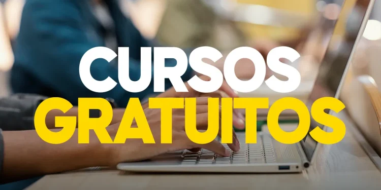 Mãos digitando em notebook e nome "Cursos gratuitos" em destaque.