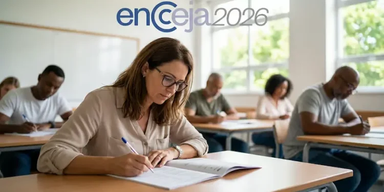 Participantes do Encceja 2026 realizando a prova, com foco e concentração.
