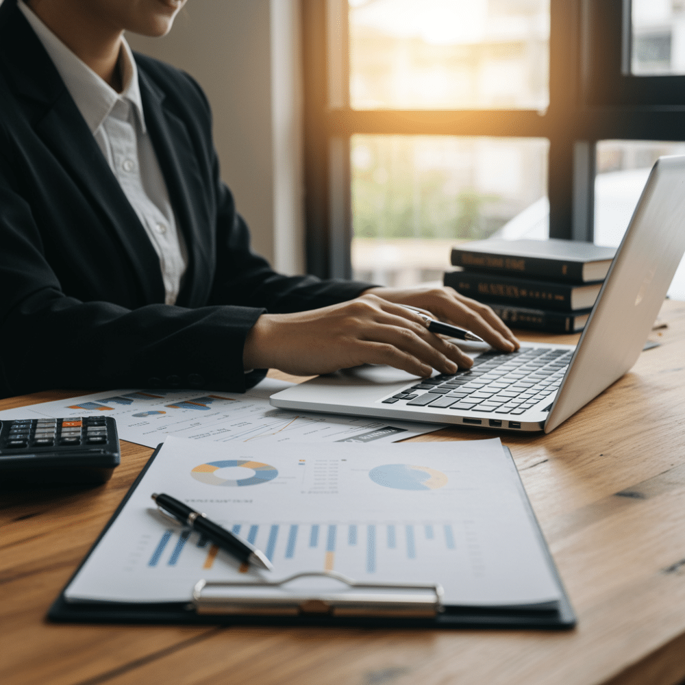 Close das mãos de uma profissional em traje executivo utilizando notebook em uma mesa de escritório com relatórios de gráficos, prancheta e calculadora, simbolizando gestão de riscos.