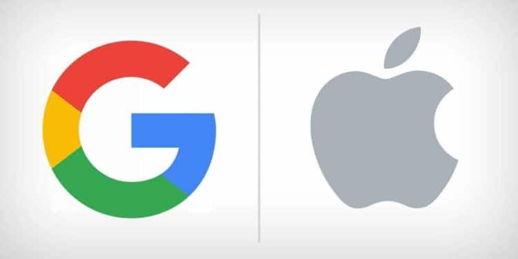 Logotipos do Google e da Apple lado a lado representando lojas de aplicativos investigadas por bets irregulares.