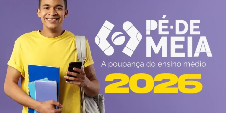 Estudante do ensino médio segurando celular e cadernos ao lado da identidade visual do programa Pé-de-Meia 2026.