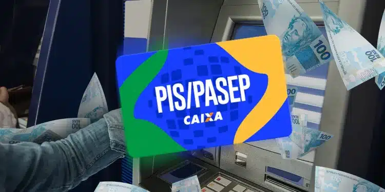 Cartão PIS/PASEP Caixa sobre caixas eletrônicos com notas de R$ 100,00 espalhadas representando o abono salarial.