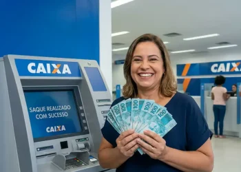 Mulher sorrindo em agência da Caixa segurando dinheiro após saque de benefício com pagamentos para CPFs de 0 a 9.