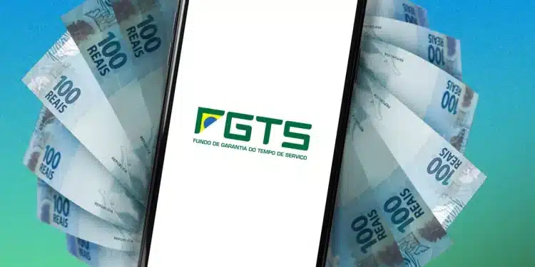 Imagem com celular exibindo o logo do FGTS e notas de 100 reais, representando o saque-aniversário do FGTS em 2026.