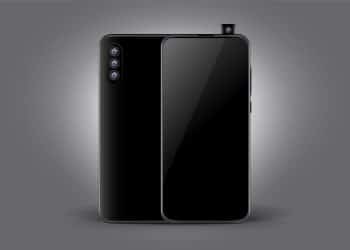 Renderização de smartphone preto com câmera tripla traseira e câmera frontal pop-up retrátil