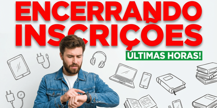 Homem barbudo com jaqueta jeans olhando o smartwatch com expressão preocupada, texto vermelho "Encerrando Inscrições"