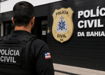 Policial civil da Bahia em frente a unidade da Polícia Civil durante representação de concurso público.