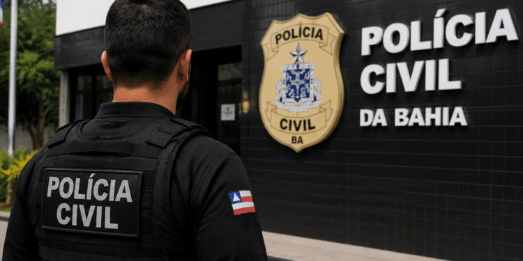 Policial civil da Bahia em frente a unidade da Polícia Civil durante representação de concurso público.