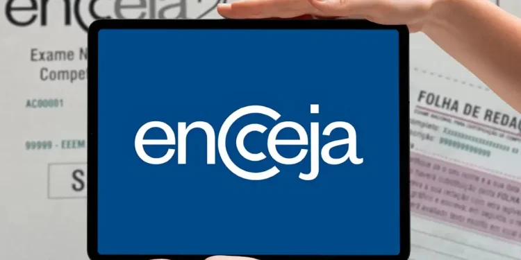 Logo do Exame Nacional para Certificação de Competências de Jovens e Adultos (Encceja) em fundo azul, com informações de edital ao fundo.