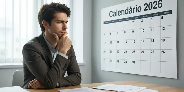 Homem observa calendário 2026 enquanto planeja os próximos feriados nacionais.