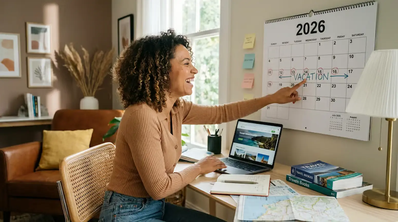 Mulher sorridente marcando as datas de férias no calendário de 2026, refletindo sobre os feriados e planejamento de folgas.