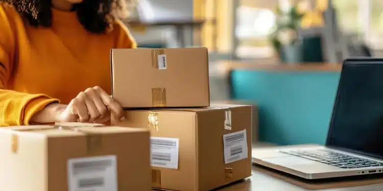 Mulher organizando pacotes de compras em uma mesa, representando a proposta do governo sobre a eliminação da taxa das blusinhas.