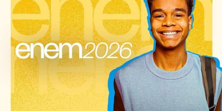 Estudante sorridente com mochila ao lado da identidade visual oficial do Enem 2026, em fundo amarelo, representando a campanha do exame.