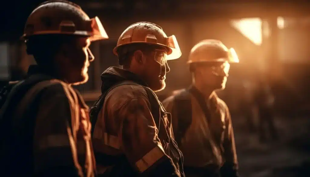 Trabalhadores de construção civil em um ambiente de trabalho, com foco na luz dourada, representando as discussões sobre a escala 6x1.