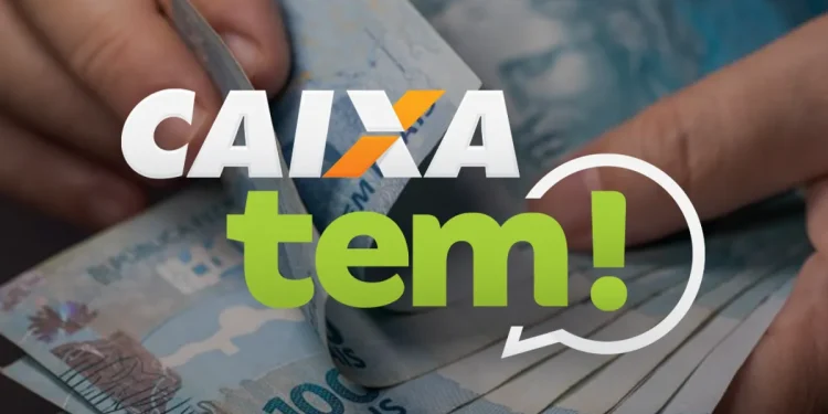 Imagem ilustrativa do Caixa Tem com cédulas de 100 reais e o logotipo do benefício 'Caixa Tem!