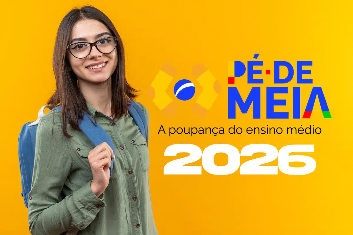 Estudante de óculos com mochila azul ao lado da identidade visual do Pé-de-Meia 2026, em fundo amarelo, representando os critérios de pagamento do programa.