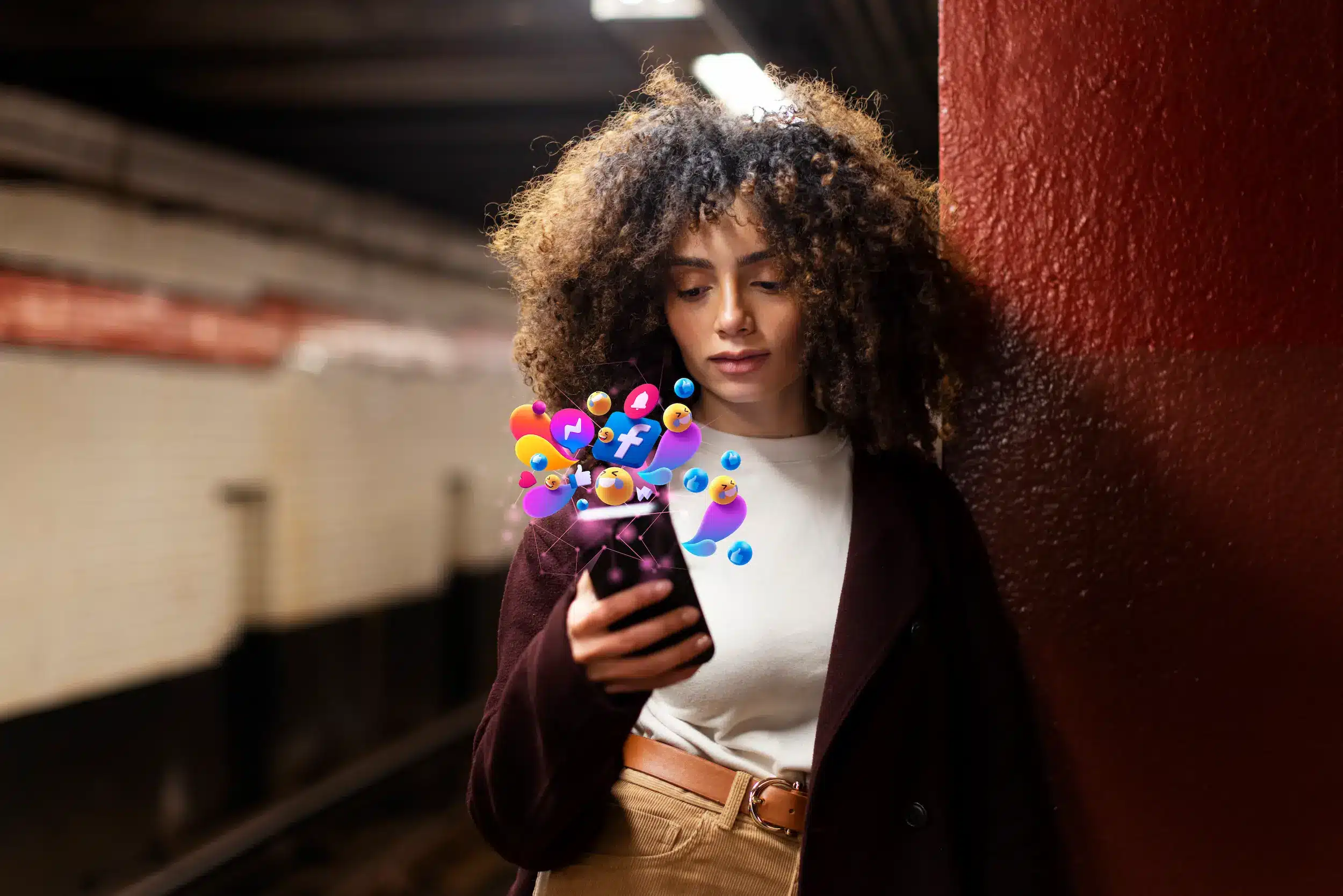 Mulher olhando o celular com ícones de redes sociais representando reflexão sobre comportamento digital e resolução de conflitos.