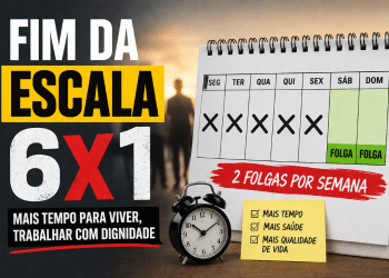 Ilustração com calendário destacando dois dias de folga semanal e mensagem sobre o fim da escala 6x1.