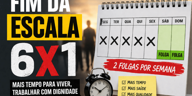 Ilustração com calendário destacando dois dias de folga semanal e mensagem sobre o fim da escala 6x1.
