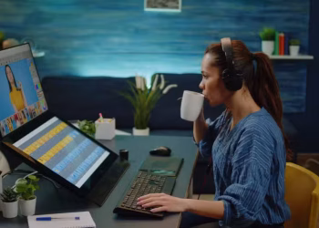Mulher de camisa azul e fones de ouvido trabalha em ambiente doméstico com dois monitores e xícara na mão, ilustrando o perfil do profissional brasileiro que prioriza o trabalho remoto e não abre mão da flexibilidade na carreira