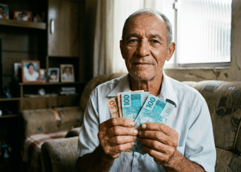 Idoso aposentado em sua sala segurando cédulas de cem e cinquenta reais à espera do depósito da segunda parcela do 13º salário do INSS