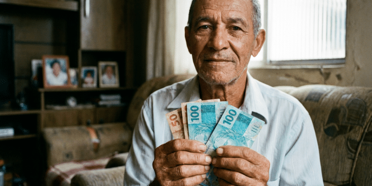 Idoso aposentado em sua sala segurando cédulas de cem e cinquenta reais à espera do depósito da segunda parcela do 13º salário do INSS