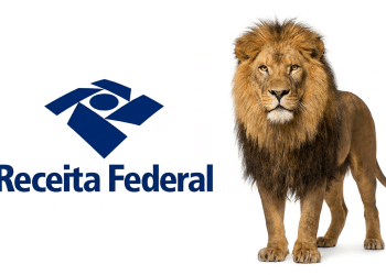 Leão do Imposto de Renda ao lado do logo da Receita Federal.