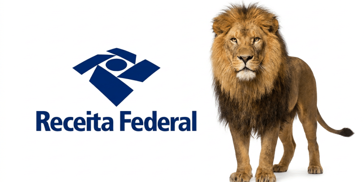 Leão do Imposto de Renda ao lado do logo da Receita Federal.