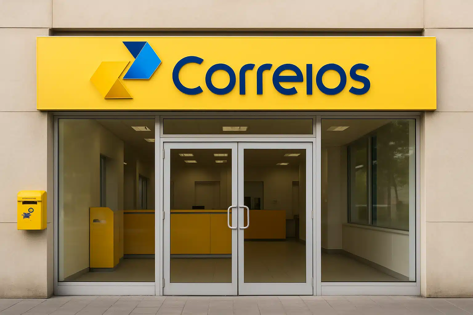 Fachada de agência dos Correios com letreiro amarelo e azul.