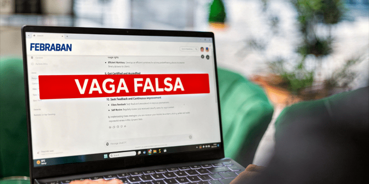 Nome "VAGA FALSA" destacado na tela do notebook.